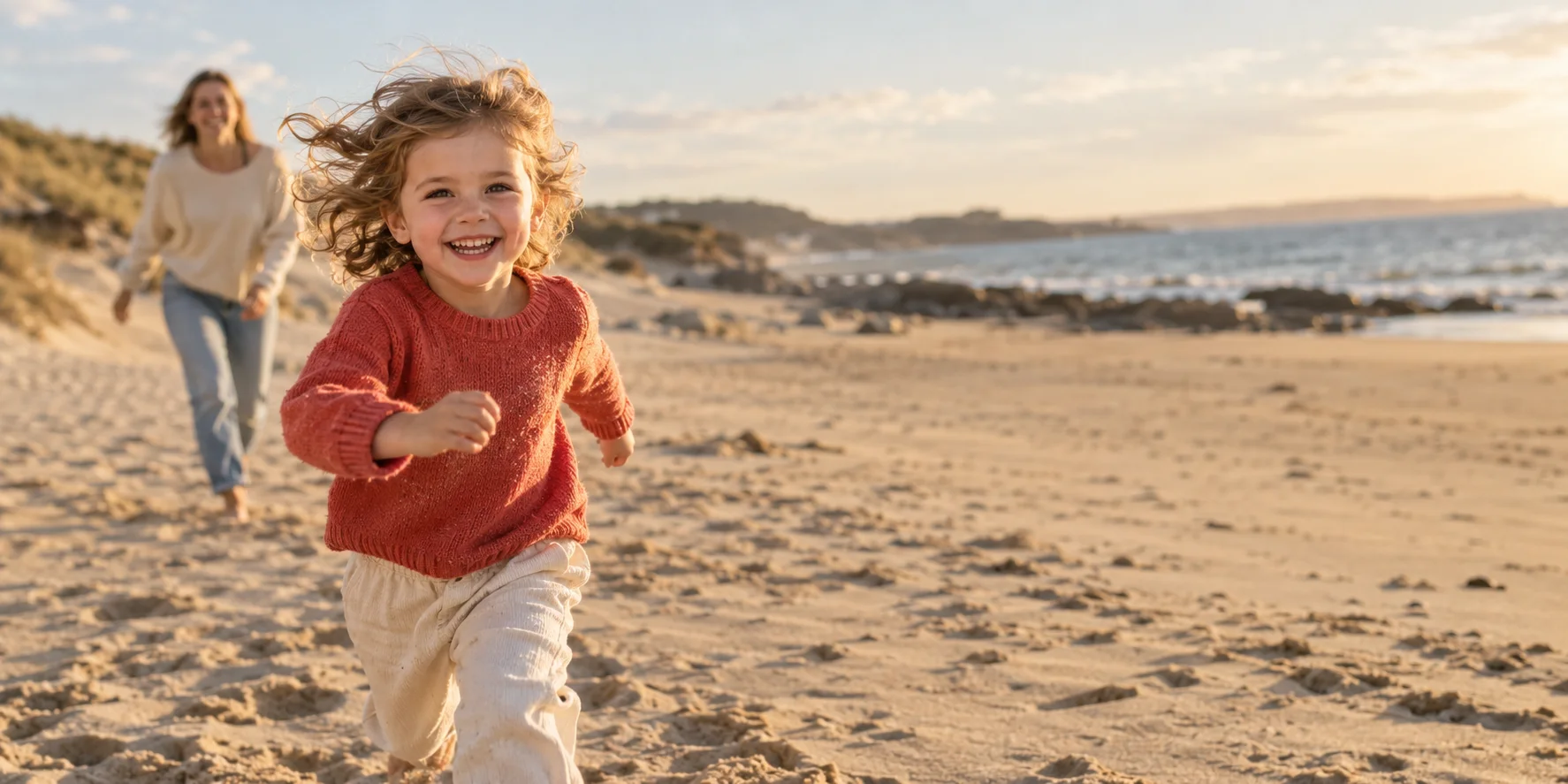 A little girl laughing as she runs along the beach with her parent.