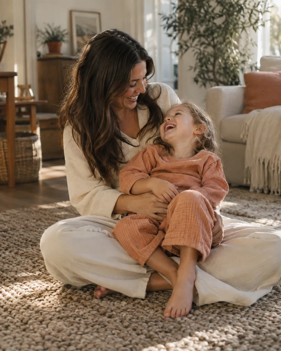 A mother and daughter laughing together on the living-room floor.
