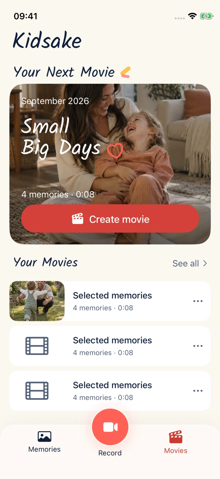 Kidsake suggests a September family movie called Small Big Days, ready to create from saved memories.